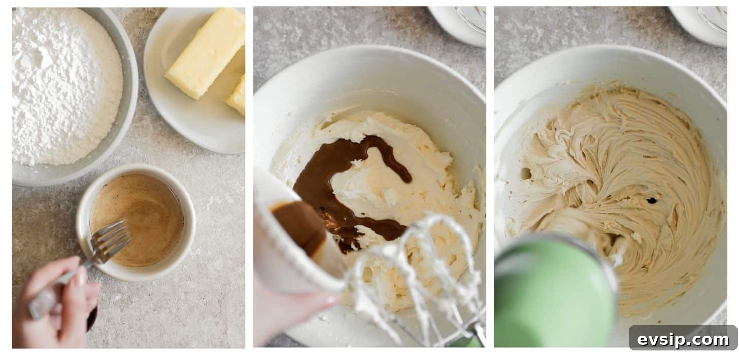 Three steps to making coffee buttercream; in photo 1, a hand whisks instant coffee and milk in a white bowl on a beige counter next to white bowls of butter and powdered sugar. In photo 2, a hand pours the coffee mixture into a white bowl of frosting. In photo 3, a green mixer whips the frosting.