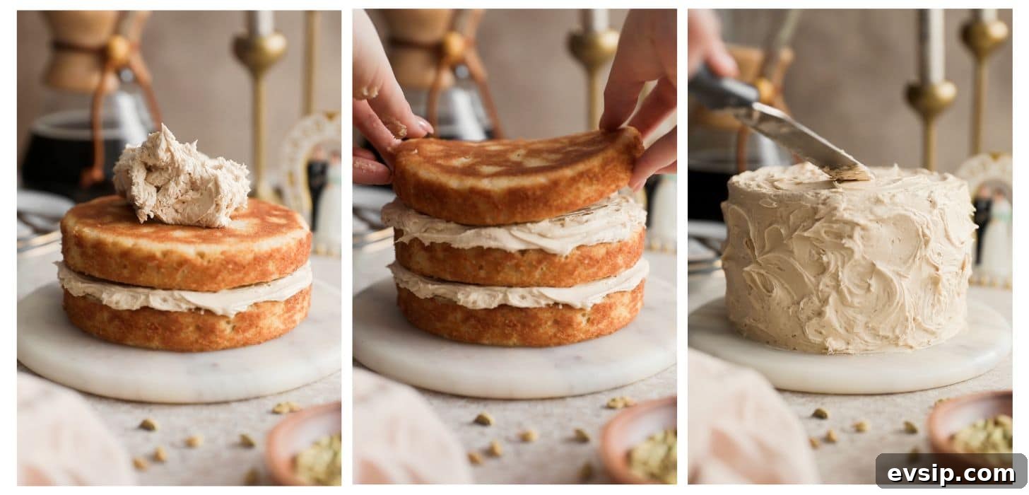 Three steps to assembling a cake; in photo 1, a layered cake with a blob of frosting sits on a marble plate next to a Chemex and wood bowl of spices on a beige counter. In photo 2, a hand is placing a cake layer on top of the cake. In photo 3, a hand frosts the cake.