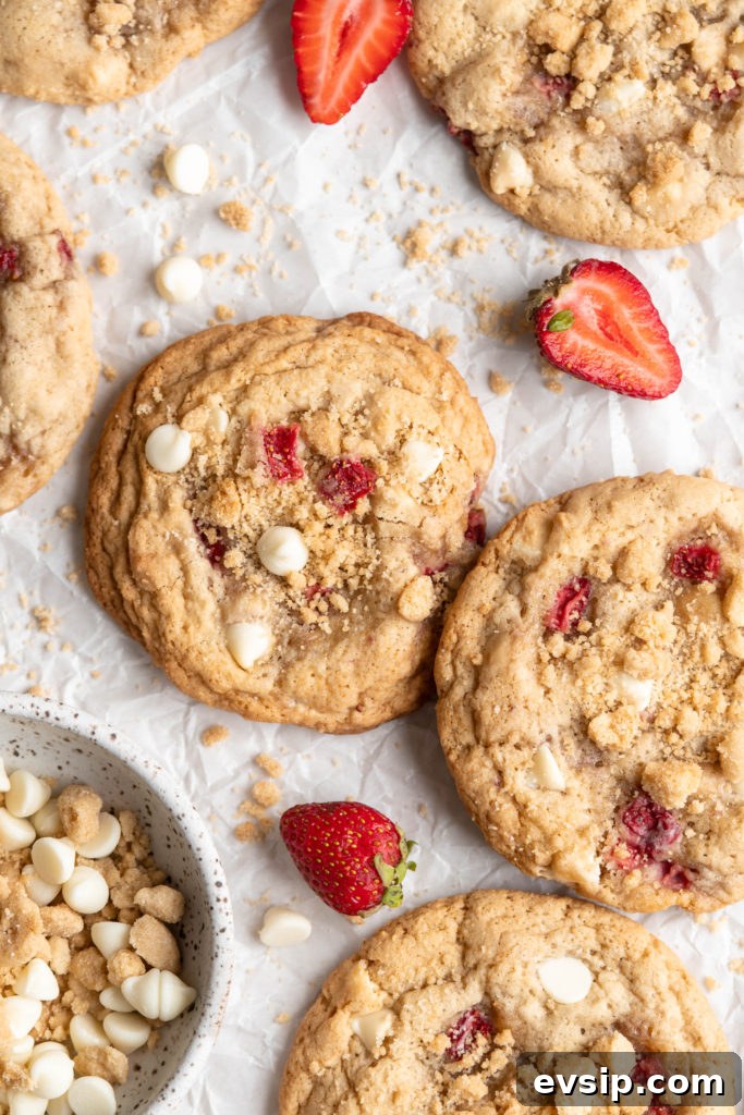 Tender & chewy Strawberry Shortcake Cookies feature little morsels of creamy white chocolate chips and bursts of fresh, sweet strawberries!