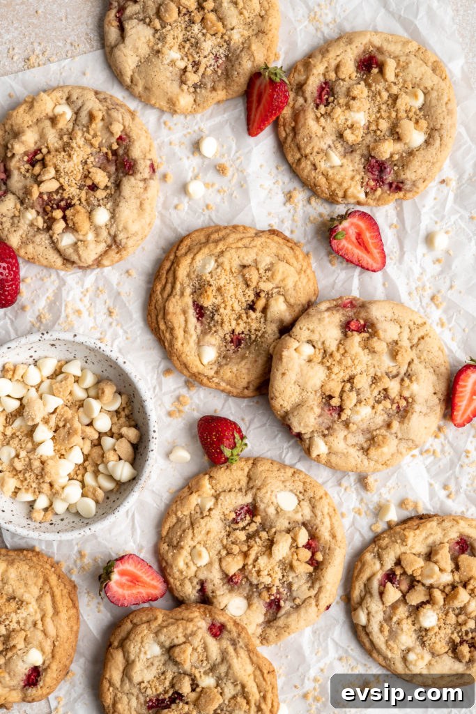 Tender & chewy Strawberry Shortcake Cookies feature little morsels of creamy white chocolate chips and bursts of fresh, sweet strawberries!