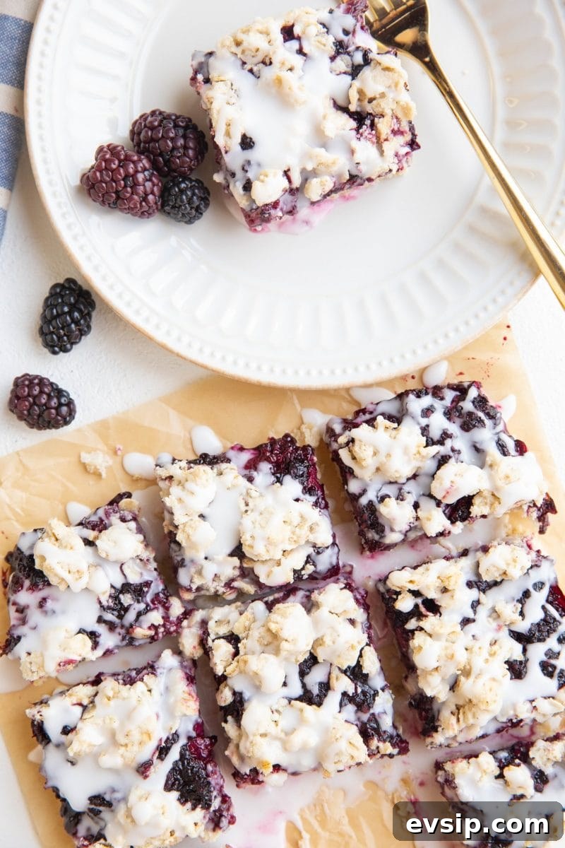 Gluten-Free Vegan Blackberry Pie Bars — 5 Ingredients 4 top down photo of a plate with a slice of blackberry crumb bar and slices on top of parchment paper