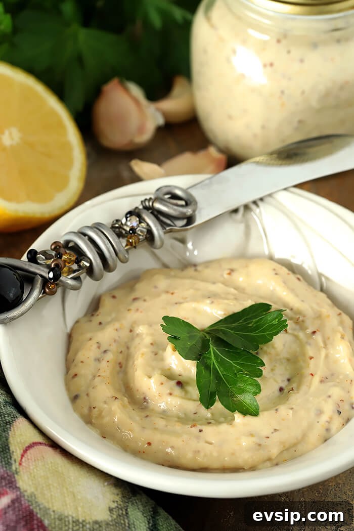 Roasted Garlic Aioli in Dressing Dish with Decorated Knife