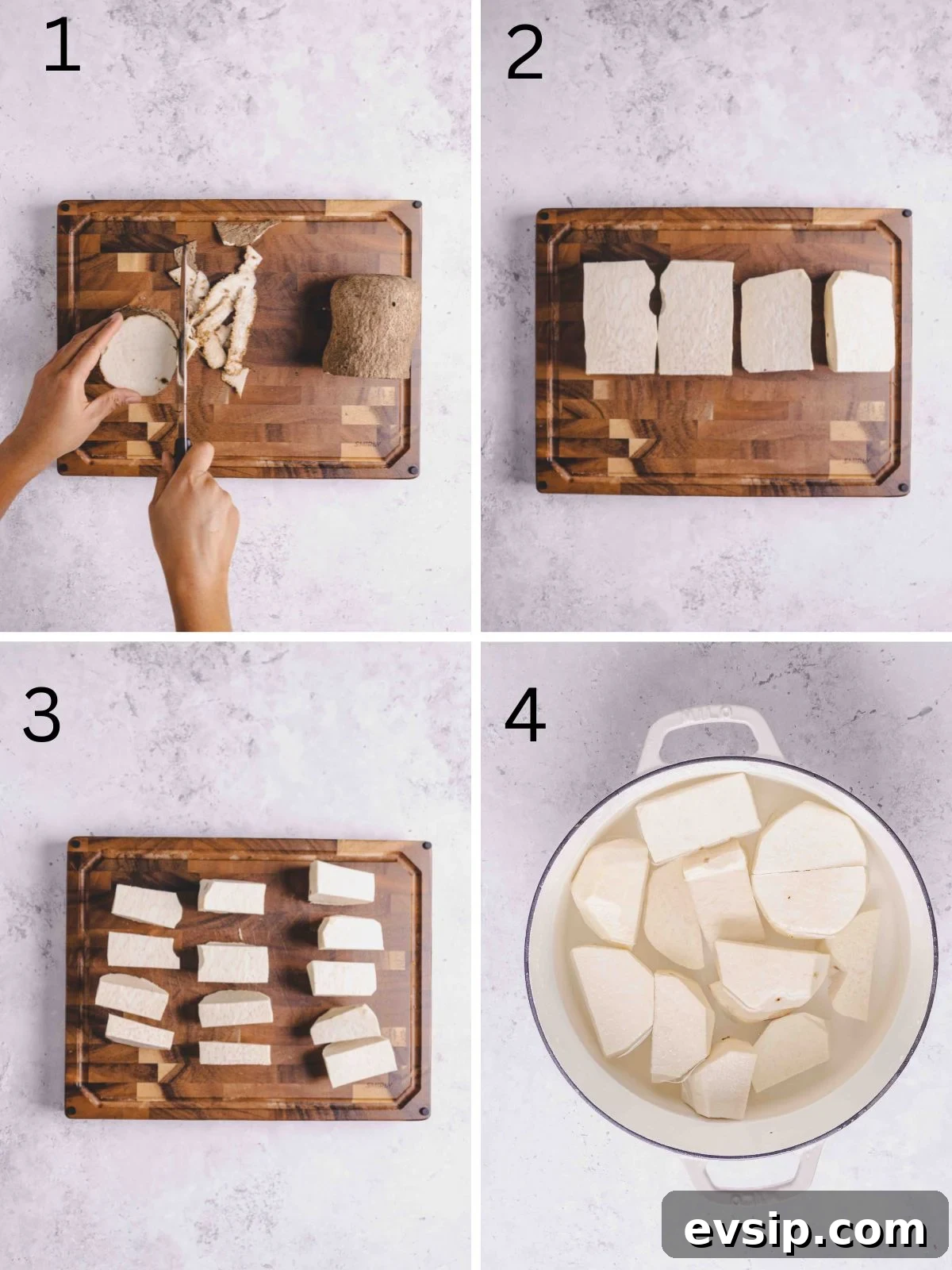 showing how to cut white yam tubers in step-by-step photos.