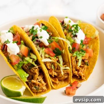 three shredded chicken tacos on a plate.