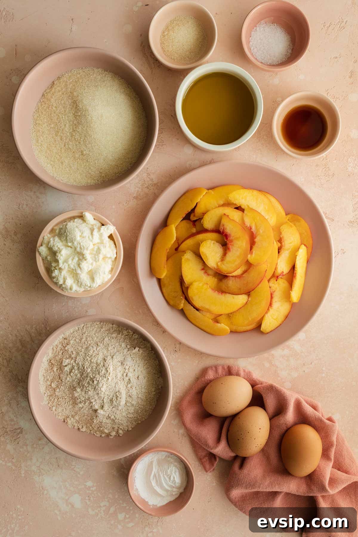 Peach Ricotta Cake Recipe — Moist Summer Fruit Dessert 3 Ingredients to make peach cake arranged individually.