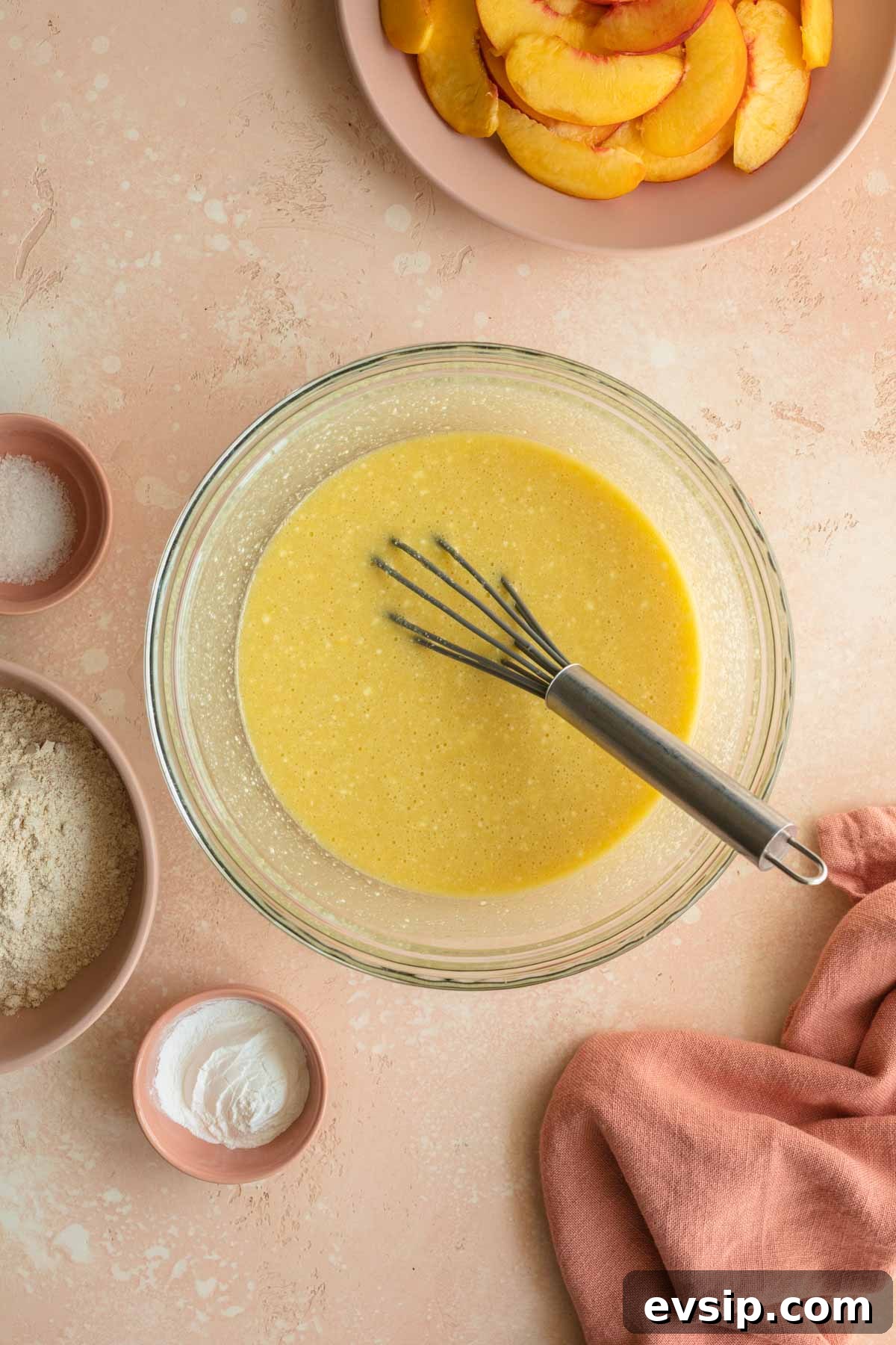 Peach Ricotta Cake Recipe — Moist Summer Fruit Dessert 5 Ricotta whisked into the wet ingredients.