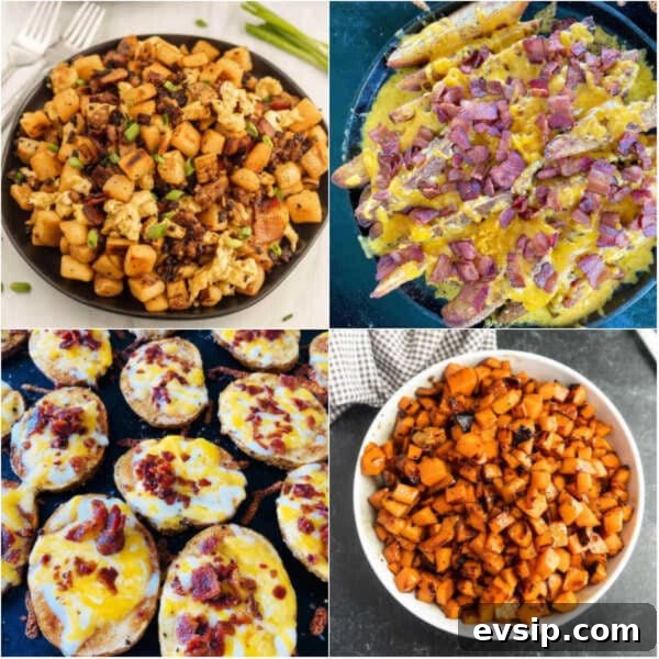 Top Blackstone Griddle Appetizers for Parties and Game Day 22 Four different images of different foods including potatoes, bacon, and eggs.
