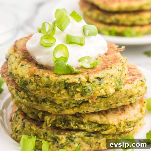 Top Blackstone Griddle Appetizers for Parties and Game Day 10 A stack of green vegetable pancakes with sour cream.