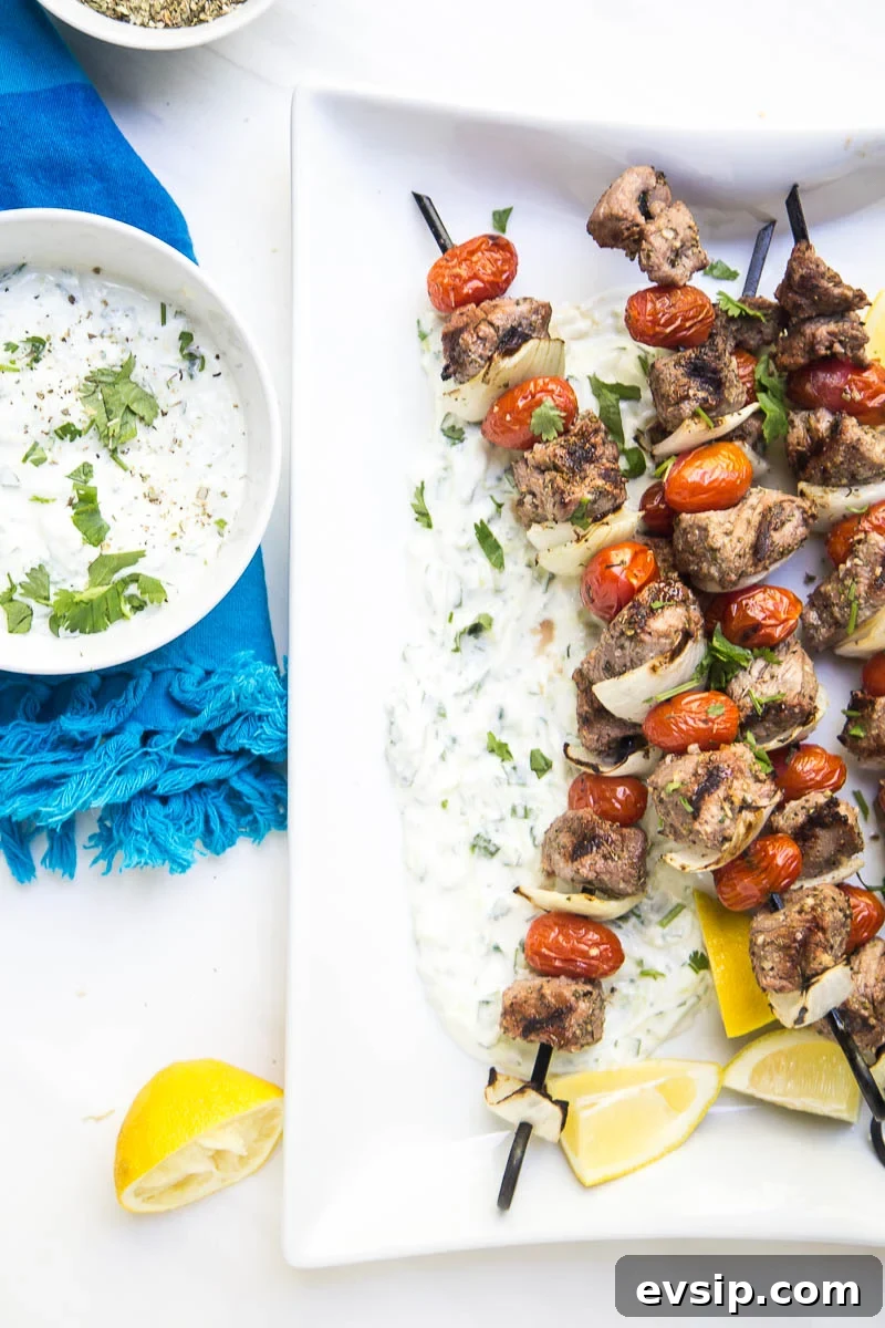 Easy Greek Steak Kebabs with tzatziki sauce