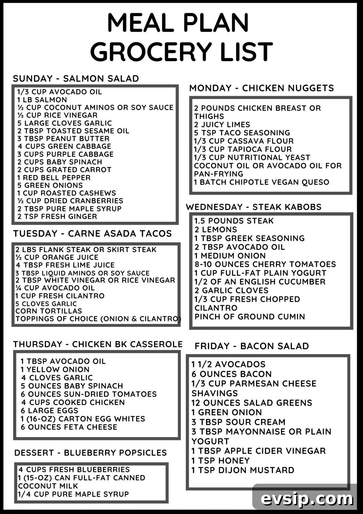Healthy meal plan grocery list.