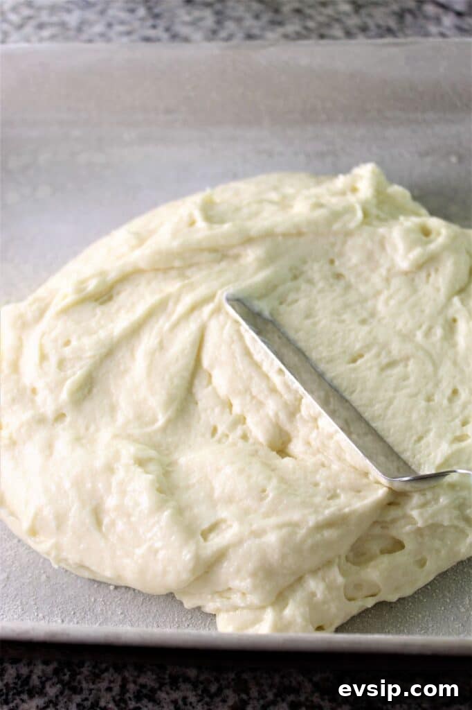 spreading out cake batter for crumb cake
