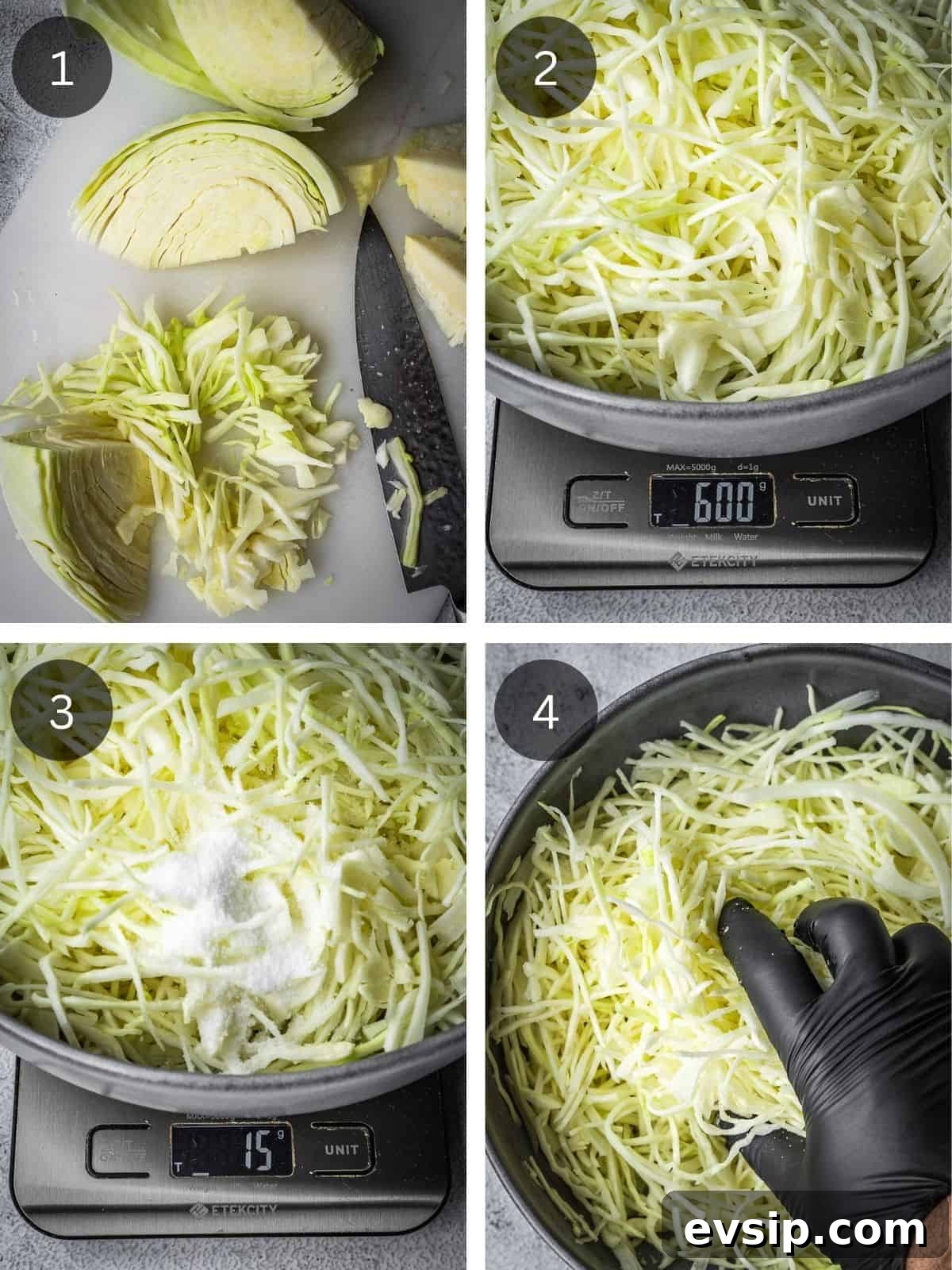 Recipe steps 1-4 show the shredding, the salting and the massaging of the cabbage.