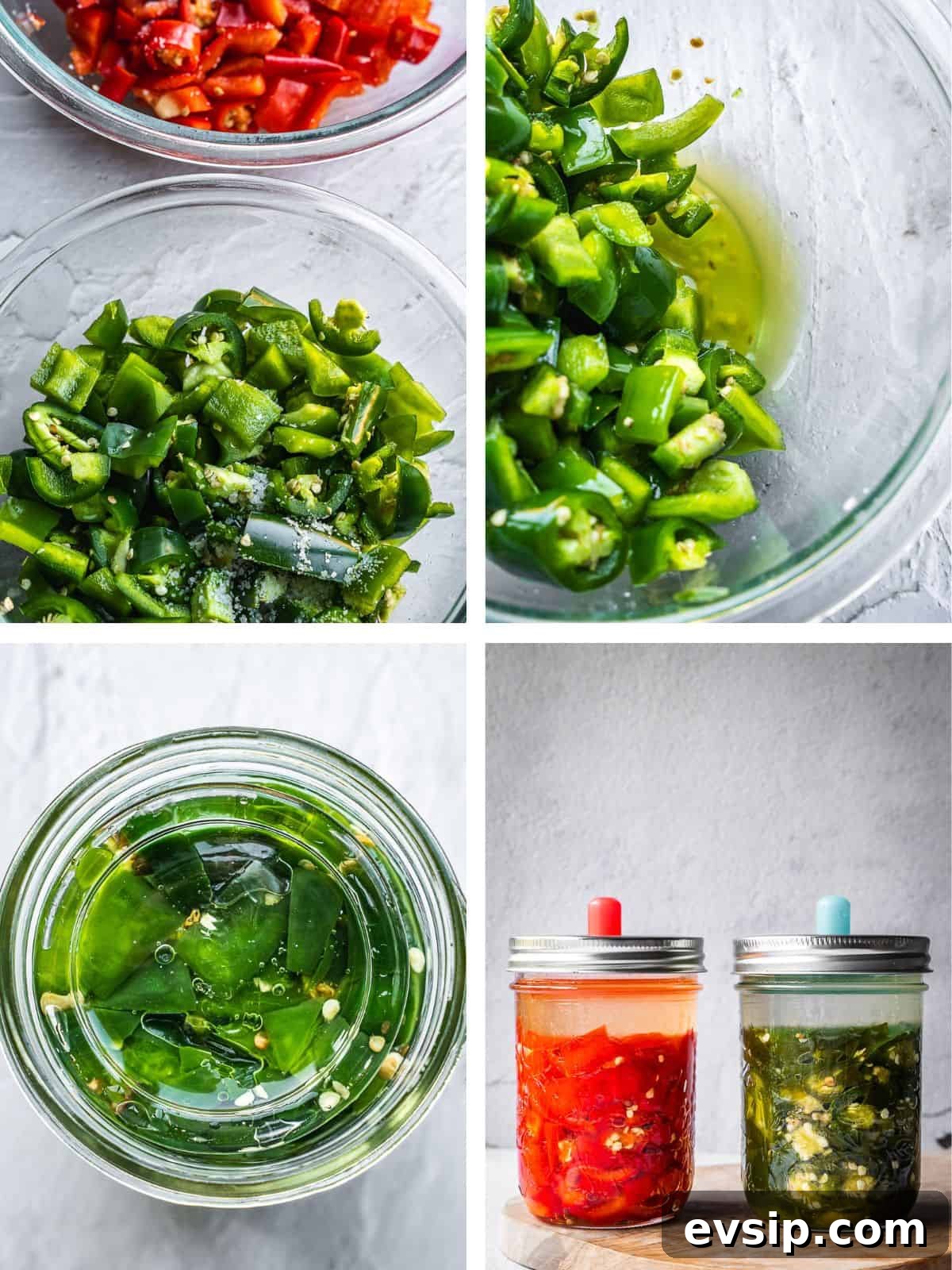 Peppers getting salted in a bowl and then transferred into a mason jar. 
