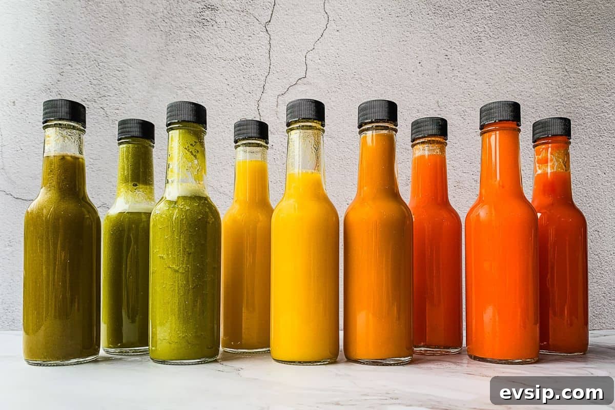 Fermented hot sauces in hot sauce bottles.