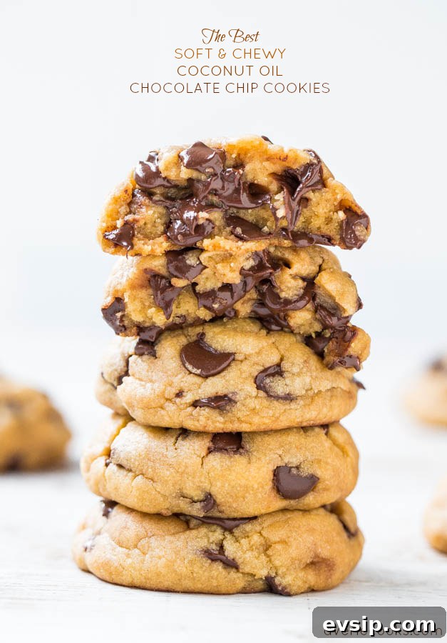 Chewy Chocolate Chip & Peanut Butter Chip Cookie Recipe 13 A stack of the best soft & chewy coconut oil chocolate chip cookies.