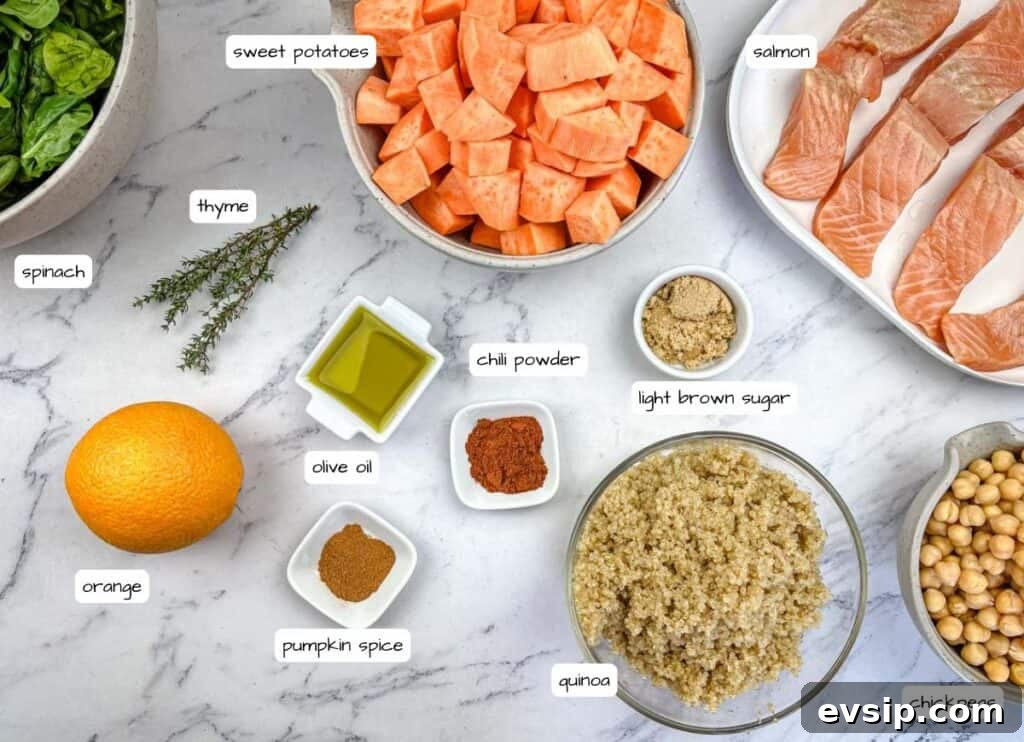 Salmon Bowl ingredients with labels.