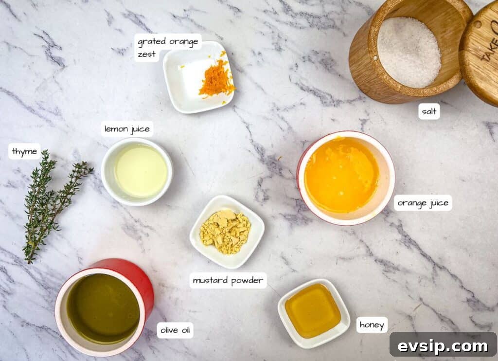Salmon bowl citrus dressing ingredients with labels.