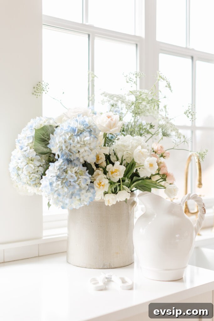 bouquet of blue and white flowers on a kitchen counter