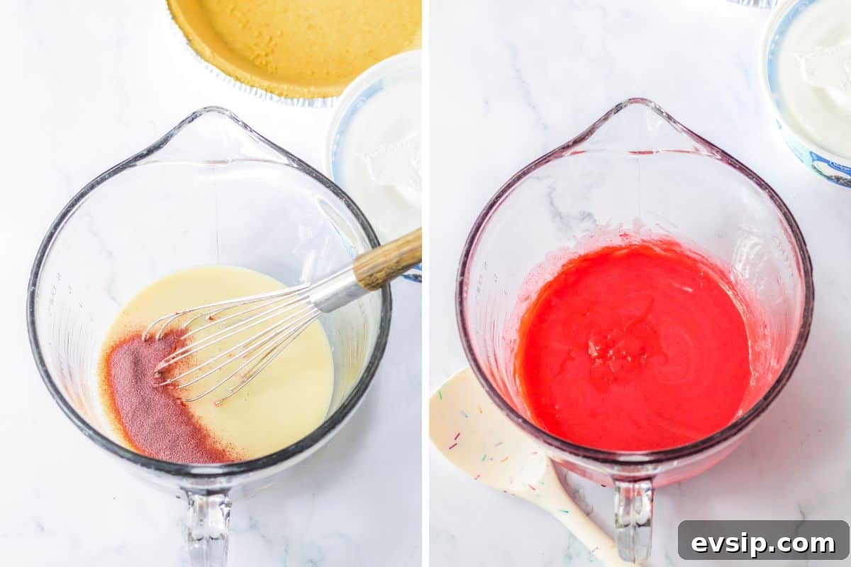 Two image collage of mixing bowl with sweetened condensed milk and kool aid mix.
