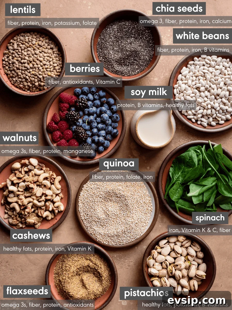 array of healthy vegan foods with nutrition facts