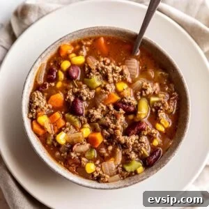 A bowl of soup filled with ground beef and veggies.