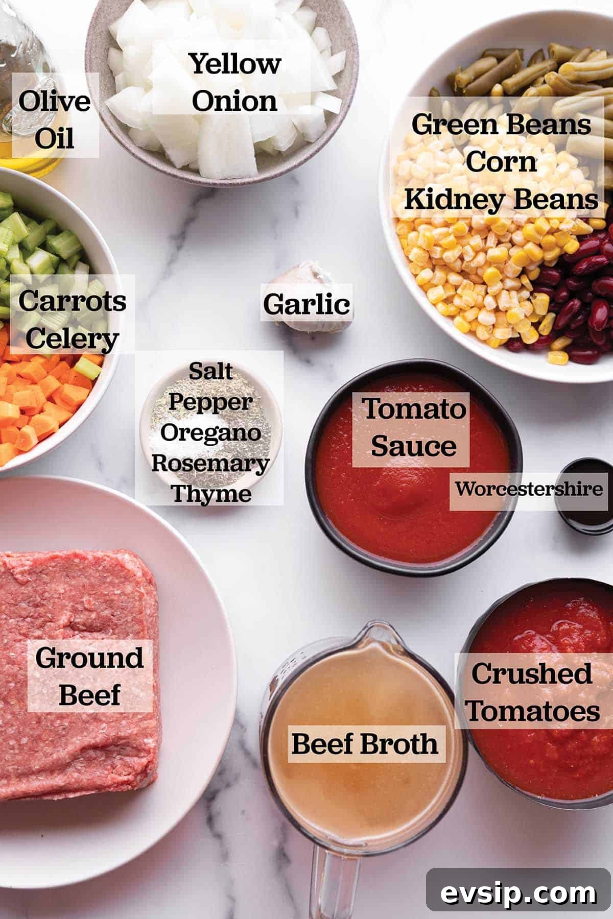 Ingredients measured out to make a vegetable soup.