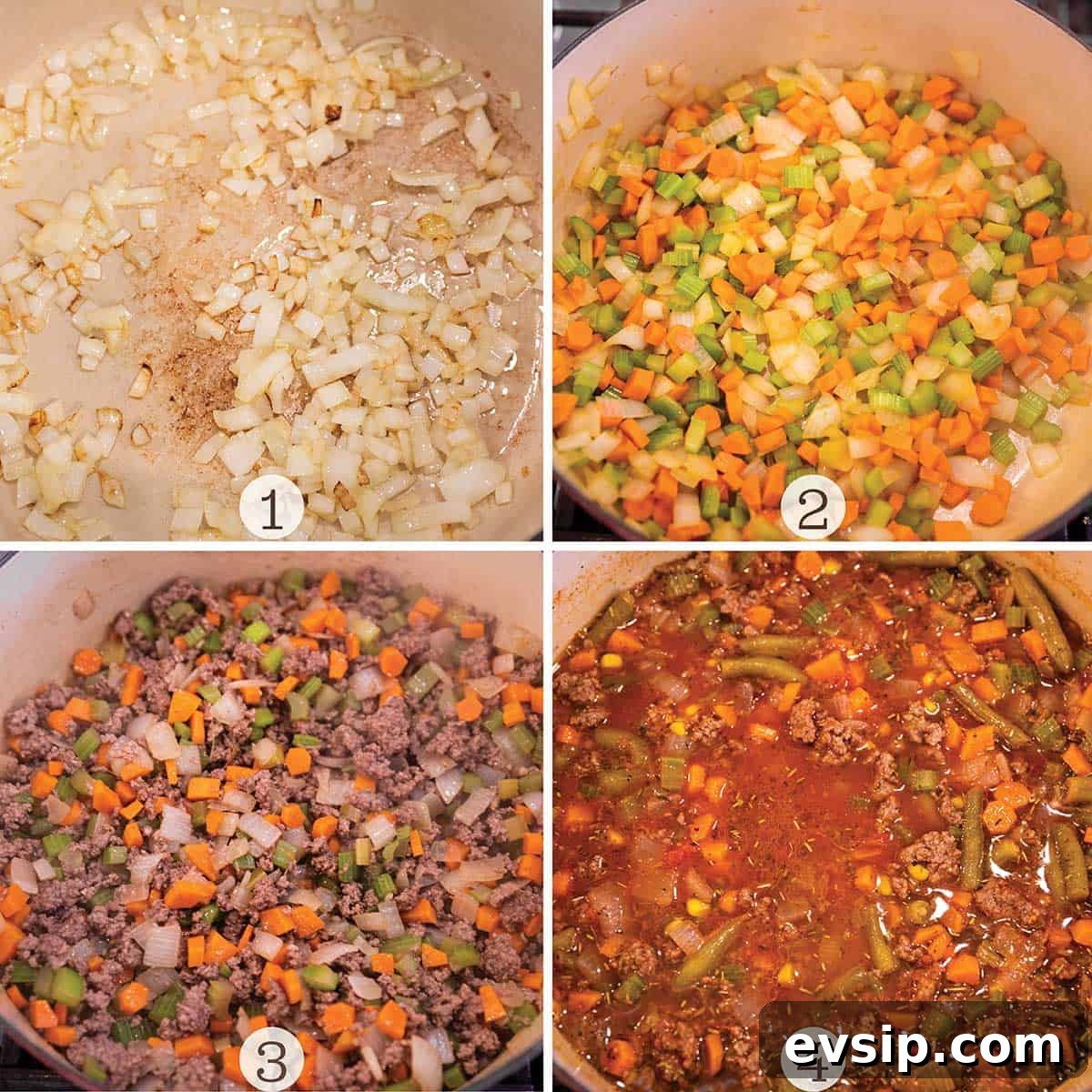 Four images of veggies and ground beef being sautéed in a Dutch Oven.