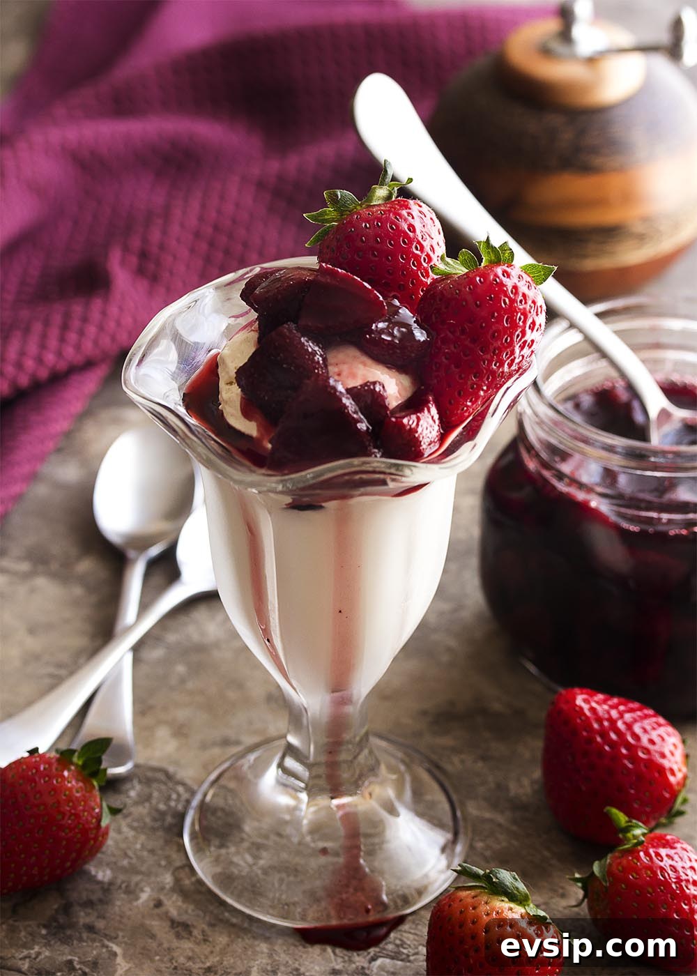 Strawberry Sauce with Black Pepper and Cabernet for Desserts 2 Strawberry sauce with a twist! Fresh strawberries are simmered in wine and spiced with black pepper for an intense and complex flavor. Great on shortcake, cheesecake, ice cream, pancakes, waffles and more!