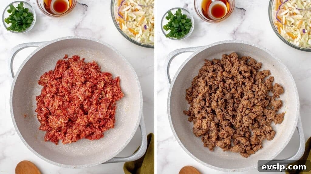 Ground Pork Egg Roll Bowl — One-Pan Dinner Recipe 4 Browned ground pork in a skillet.