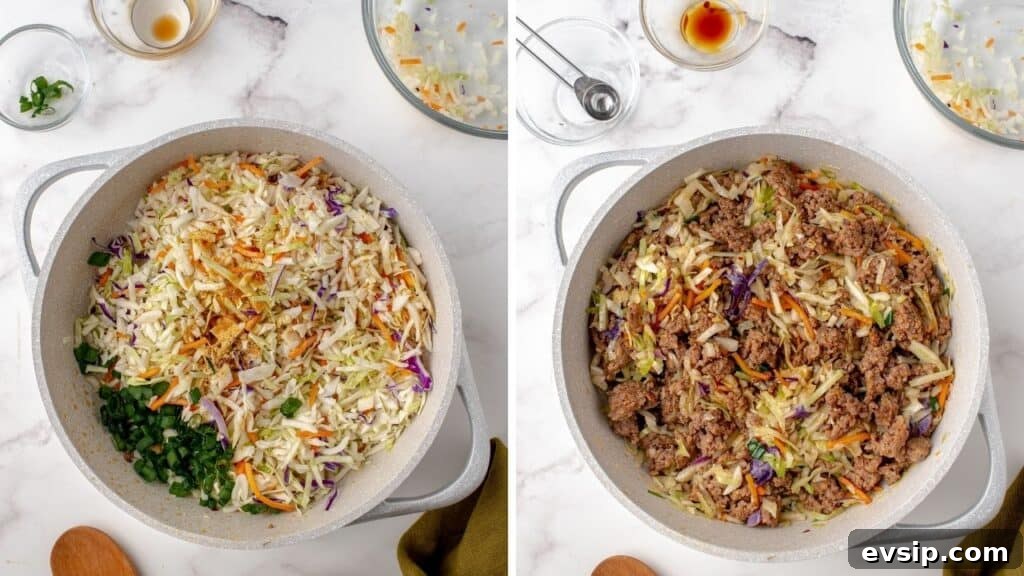 Ground Pork Egg Roll Bowl — One-Pan Dinner Recipe 5 Cabbage coleslaw mix and green onions combined with cooked pork in a skillet.