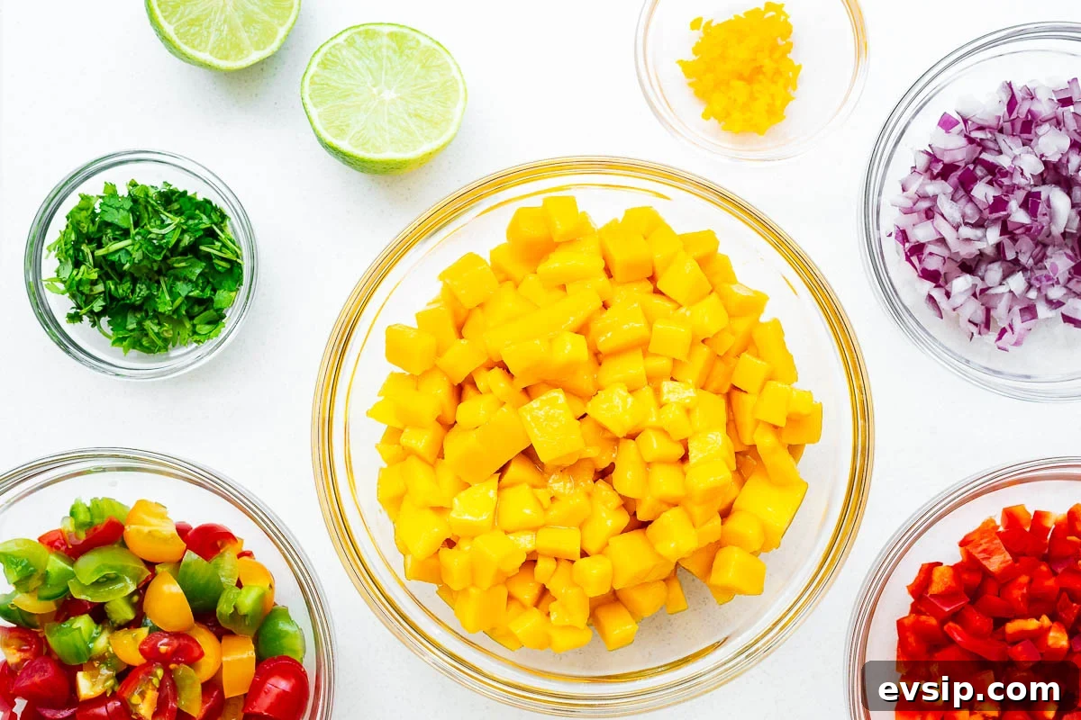 Mango Habanero Salsa Recipe — Fresh Homemade Fruit & Chili Salsa 4 All the prepared ingredients for a fresh mango habanero salsa including diced onion, mango, tomato, red pepper, cilantro, habanero and fresh limes.