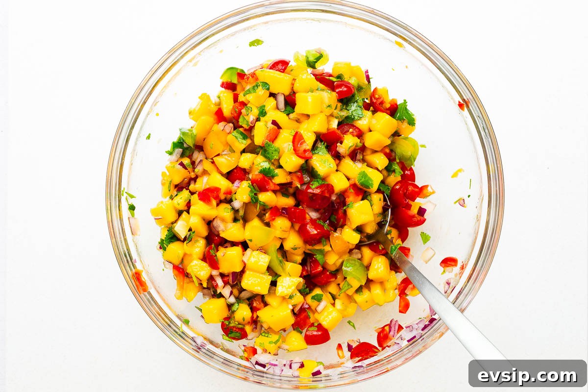 Mango Habanero Salsa Recipe — Fresh Homemade Fruit & Chili Salsa 6 Fresh mango salsa ingredients mixed together.