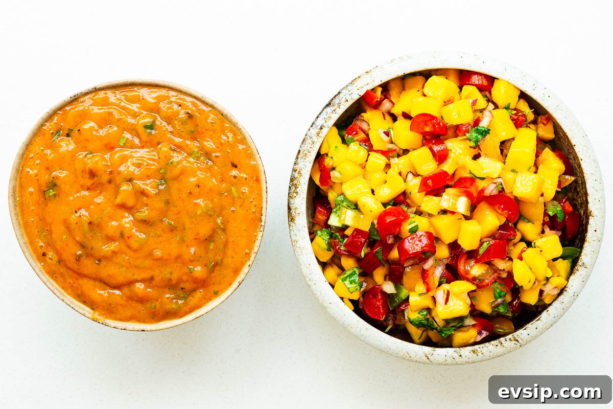 Mango Habanero Salsa Recipe — Fresh Homemade Fruit & Chili Salsa 7 Two bowls of mango habanero salsa, one roasted salsa and one fresh salsa.