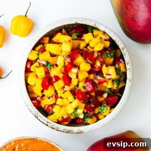 Mango Habanero Salsa Recipe — Fresh Homemade Fruit & Chili Salsa 9 A bowl of fresh mango salsa viewed from above.