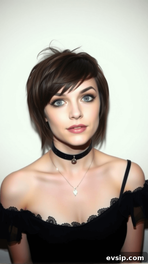 A woman dressed in goth clothes with heavy eyeliner. 