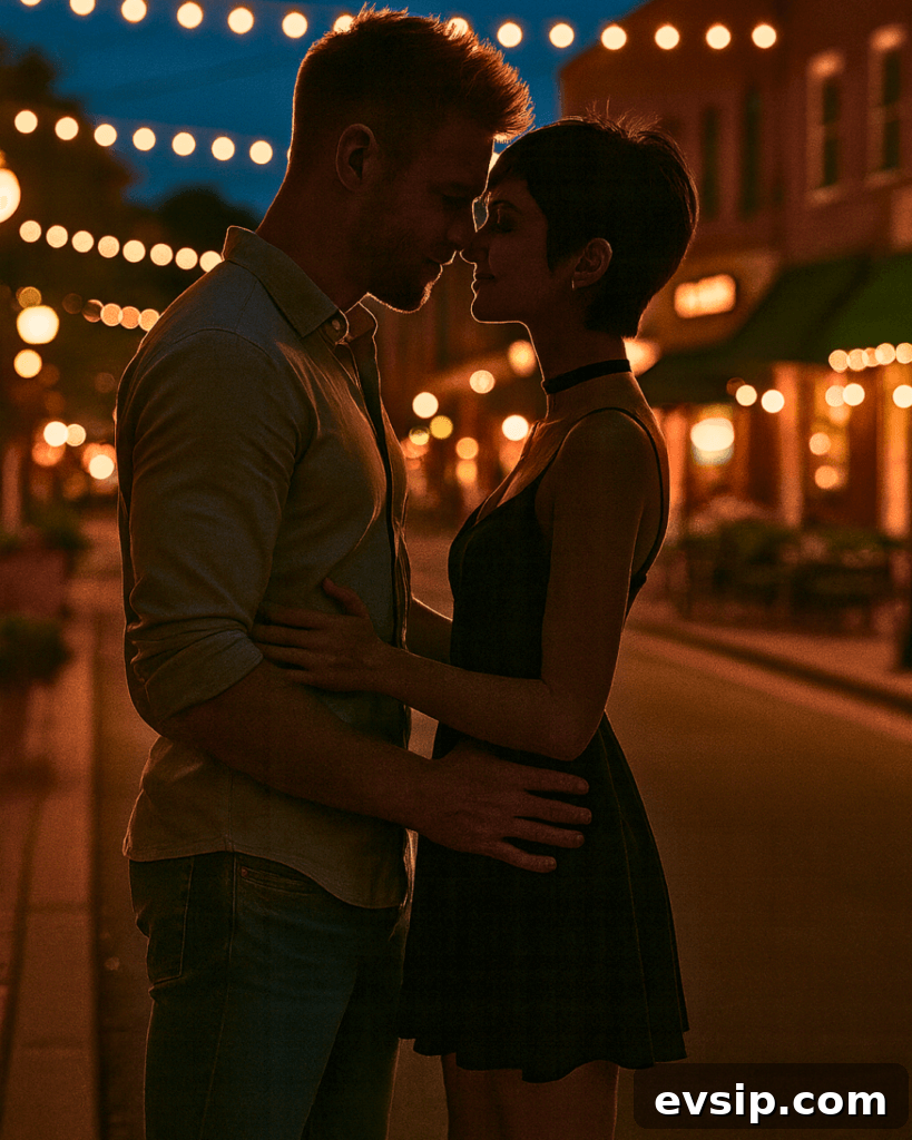 A man and a woman in an embrace surrounded by a small town downtown and lights. 