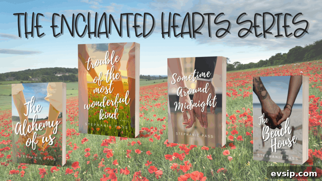 A field of poppies with four paperback romance books The Enchanted Hearts Collection
