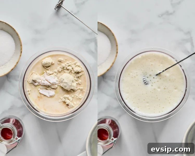 Side-by-side image of adding ingredients to ninja creami pint container and whisking together with electric milk frother.