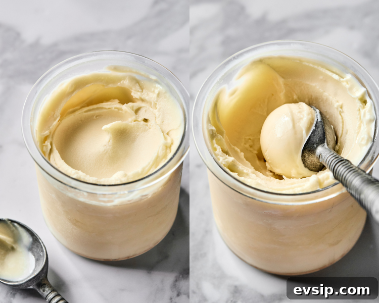 Side-by-side image of spinning ninja creami vanilla ice cream and scooping out a whole in the middle before adding mix-ins.