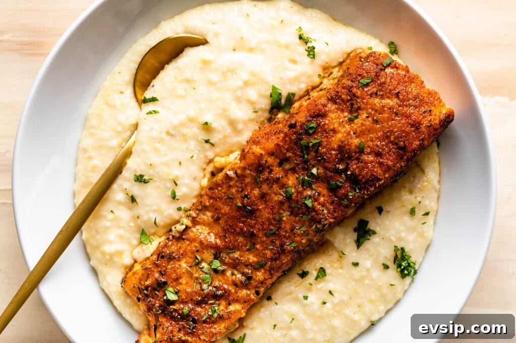 Blackened Baked Salmon with Creamy Cheddar Grits 5 bowl of blackened salmon and grits