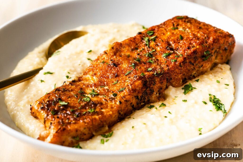 Blackened Baked Salmon with Creamy Cheddar Grits 6 baked blackened salmon fish and grits