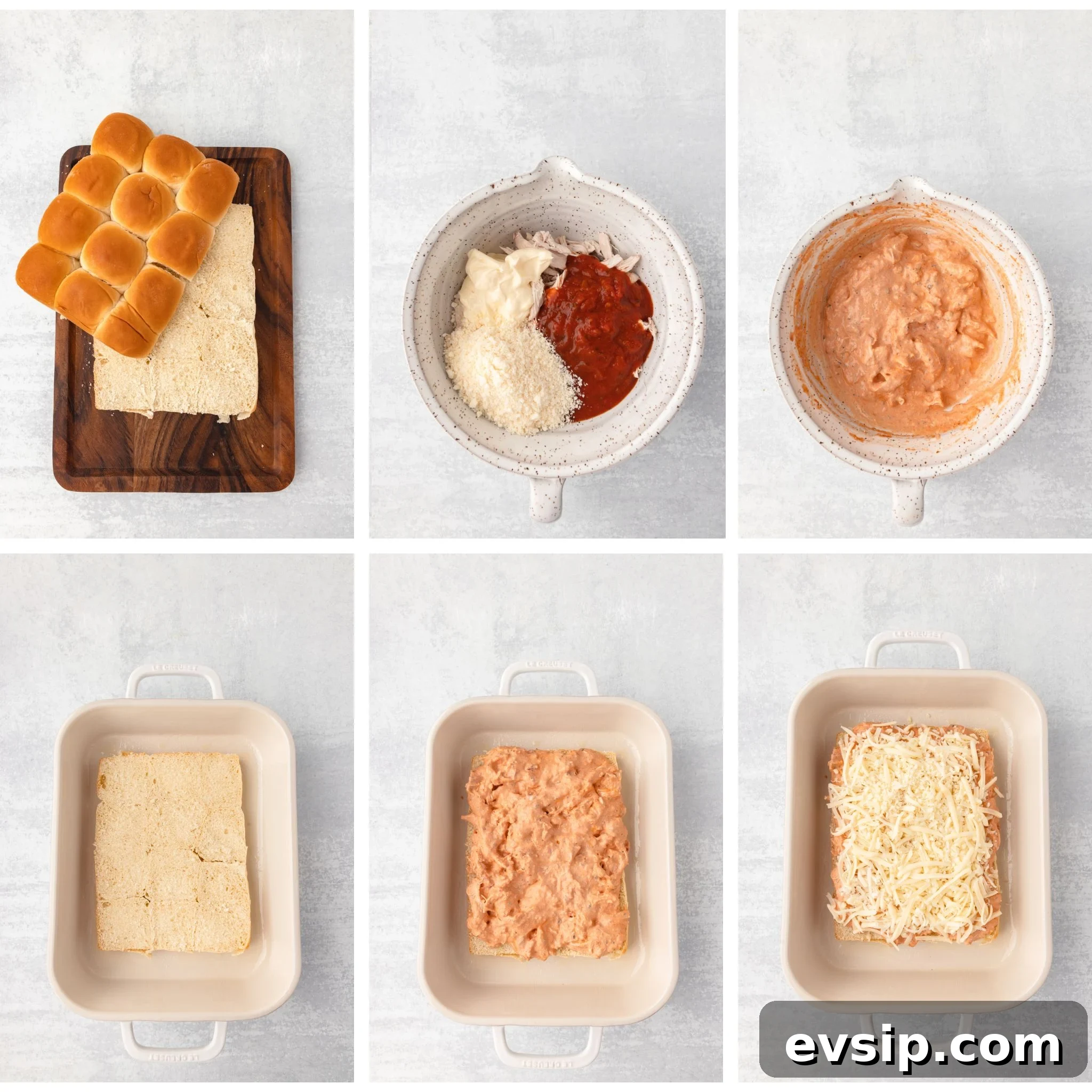 Bread ingredients ready for assembly, with bread, sauce, cheese, and toppings in preparation for baking, creating a layered casserole dish.