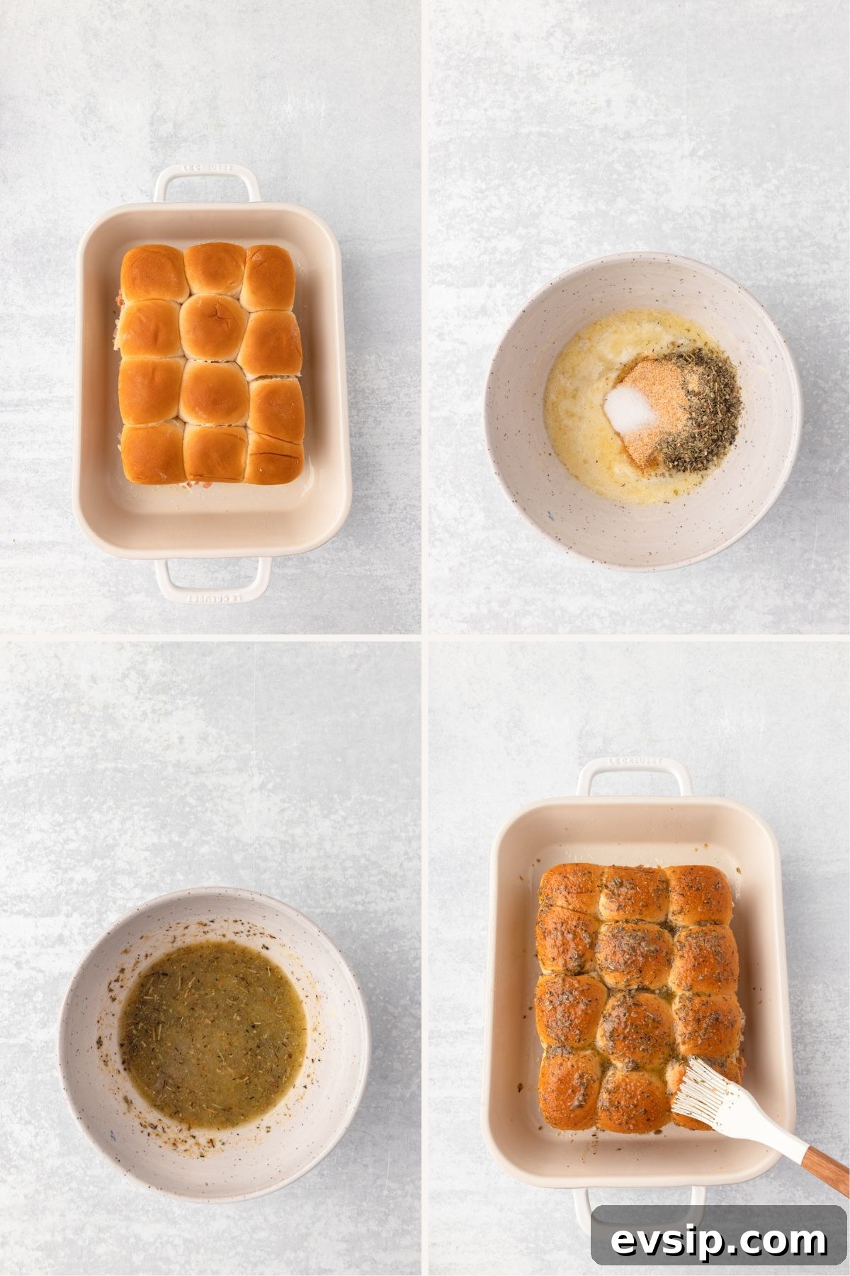 Soft dinner rolls in baking dish with seasoning, garlic butter, herb mixture, and baked rolls with seasoning, all on a light surface.