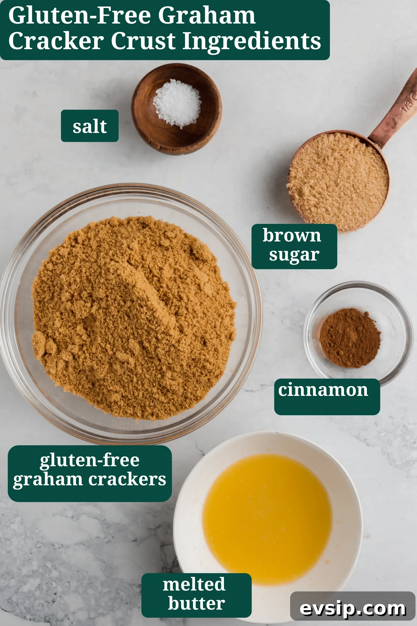 An overhead photo showing the ingredients to make gluten-free graham cracker pie crust.
