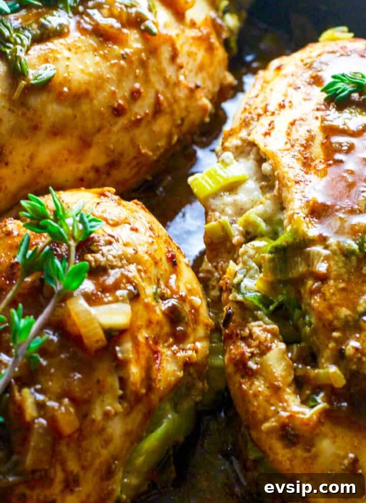 Cooked Gorgonzola Stuffed Chicken in pan sauce garnished with fresh thyme.
