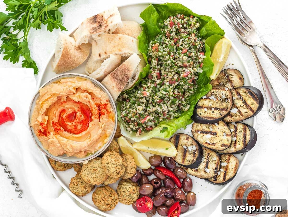 roasted pepper hummus on a mezze platter