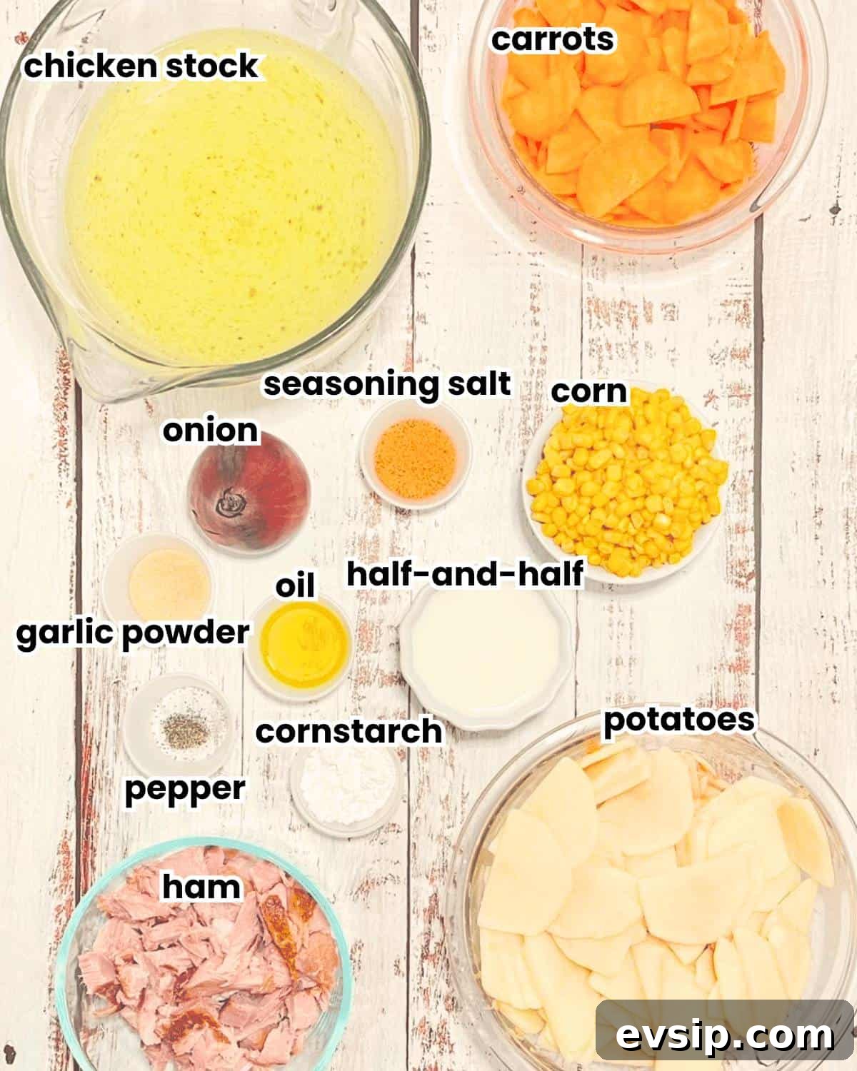 Ingredients for instant pot ham and potato soup measured out in individual small bowls and placed on a white table.