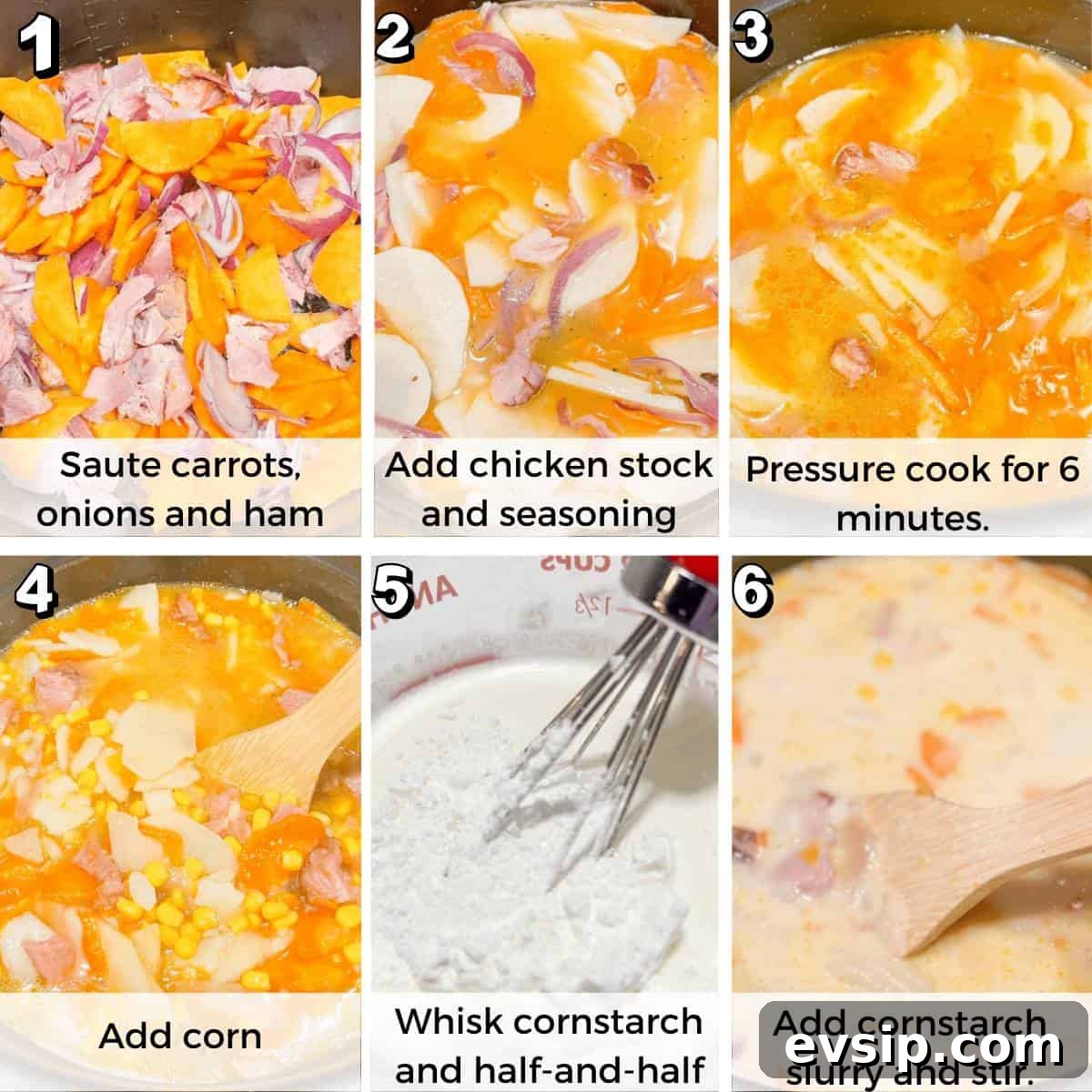 A 6 photo collage showing the assembly of instant pot ham and potato soup.
