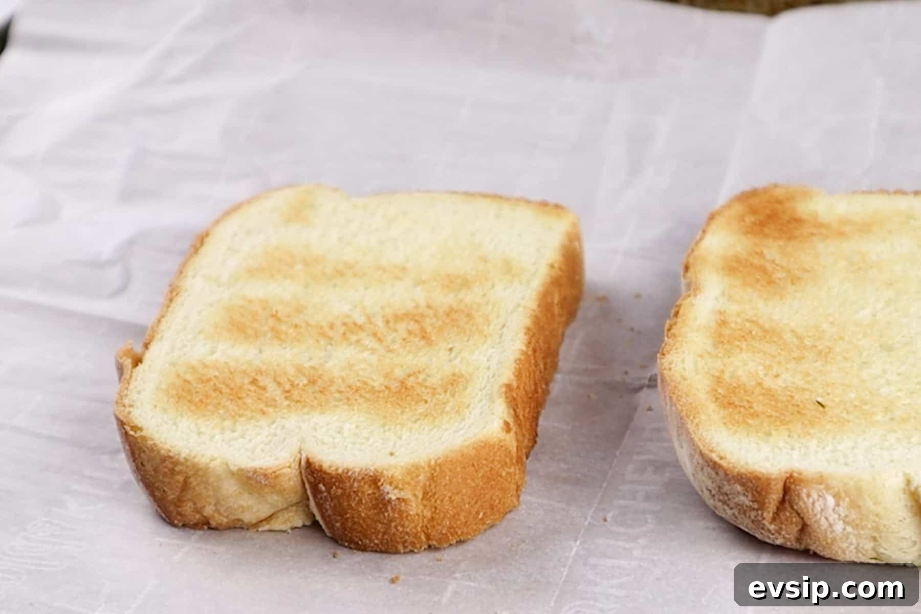Two pieces of toasted bread on a baking sheet.