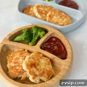 Crispy Chicken Fritters Made with Leftover Roast Chicken 8 Chicken fritters served with broccoli and ketchup.